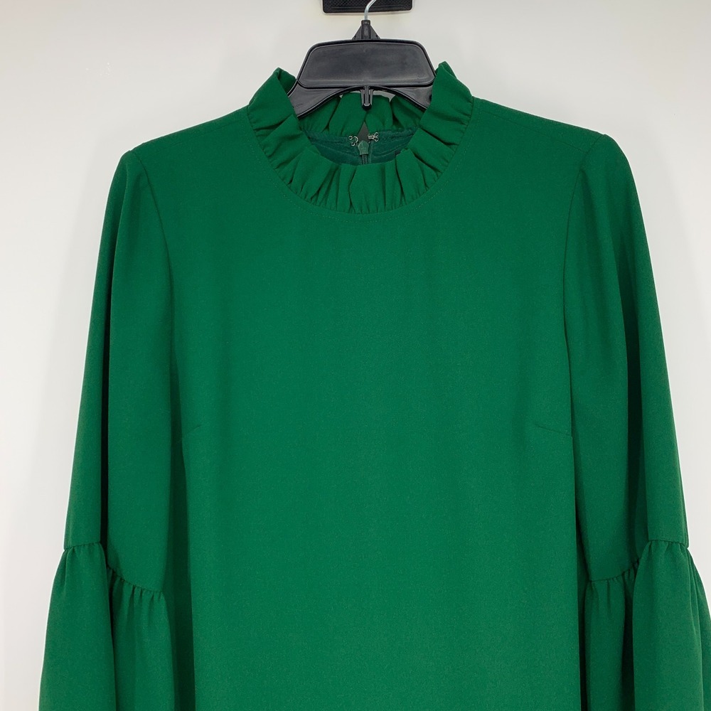 J.Crew Dress Green Crepe Ruffle Neck Bell Sleeve Shift Cocktail - Picture 5 of 14